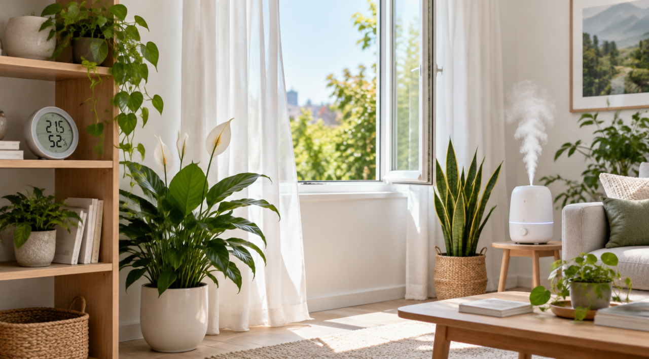 Living luminos cu ferestre deschise și perdele subțiri, un higrometru pe raft, plante de interior sănătoase și un umidificator mic