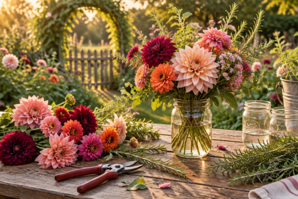 Masă din lemn cu flori proaspete tăiate din grădină (dalii, zinnia, ramuri de rozmarin), foarfecă de grădină, borcane de sticlă și un buchet rustic terminat