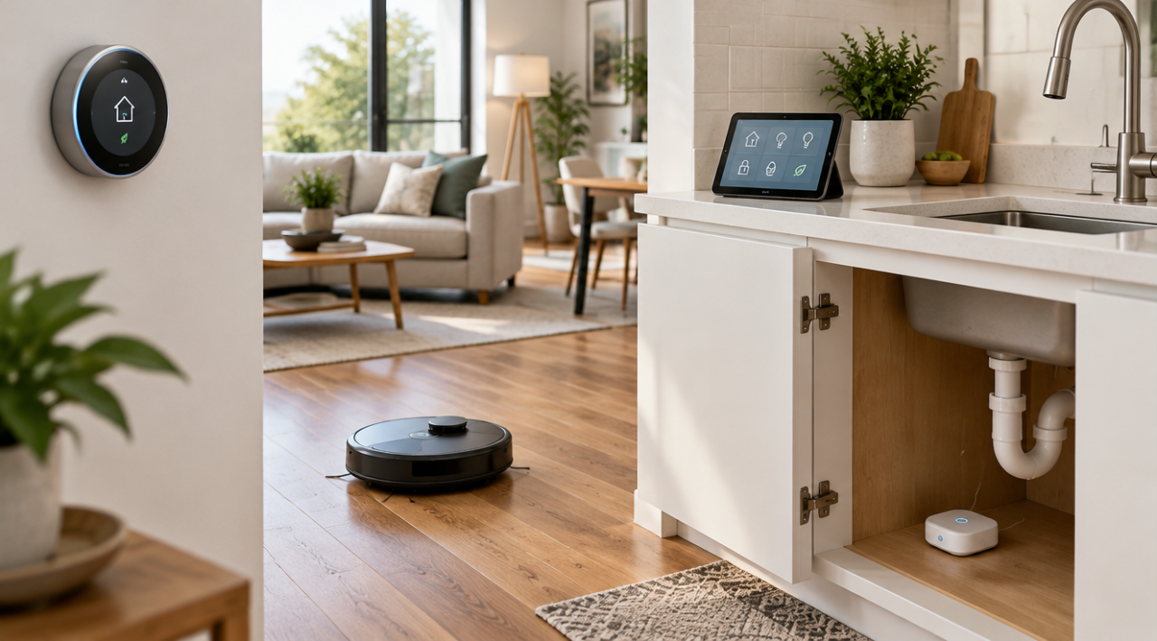 Interior modern luminos cu un termostat inteligent pe perete, un aspirator robot pe parchet, un senzor de scurgeri sub chiuvetă și o tabletă pe blatul bucătăriei