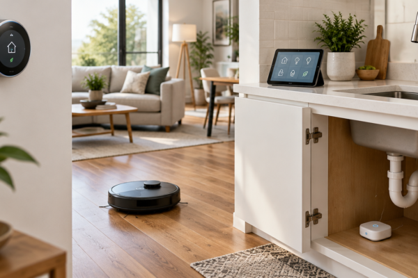 Interior modern luminos cu un termostat inteligent pe perete, un aspirator robot pe parchet, un senzor de scurgeri sub chiuvetă și o tabletă pe blatul bucătăriei