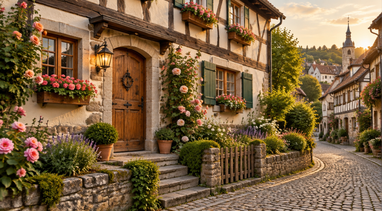 Casă tradițională europeană cu structură din lemn aparent, jardiniere cu flori, ușă din lemn și o grădină de cottage cu trandafiri pe o stradă pietruită, în lumină caldă