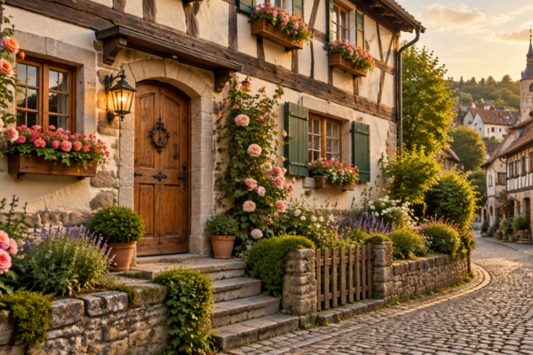 Casă tradițională europeană cu structură din lemn aparent, jardiniere cu flori, ușă din lemn și o grădină de cottage cu trandafiri pe o stradă pietruită, în lumină caldă