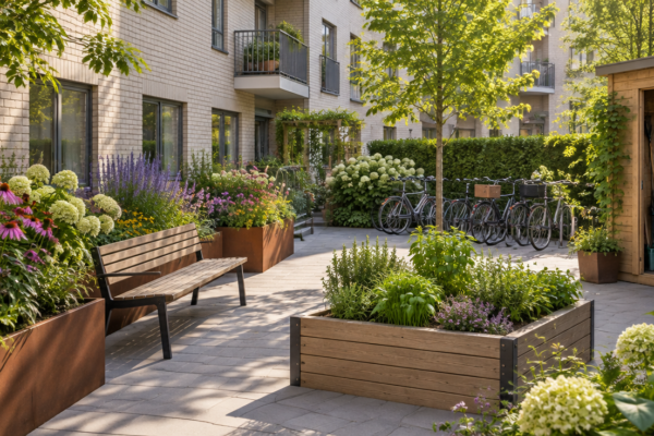 Curte de bloc cu jardiniere cu perene de-a lungul clădirii, o bancă de lemn, un strat înălțat cu ierburi aromatice și biciclete parcate ordonat, într-o zi însorită