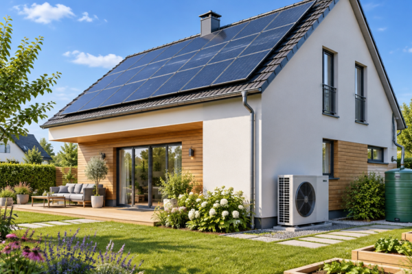 Casă modernă cu panouri solare pe acoperiș, o pompă de căldură lângă perete, fațadă izolată și o grădină îngrijită cu un butoi pentru apă de ploaie, sub cer senin